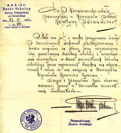 pismo ks. Grabowskiego jako Przewodniczacego Dozoru Szkolnego Gminy Graużyszki genealogia kresy oszmiański