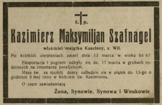 Kazimierz Maksymilian Szafnagel nekrolog w Dzienniku Wileńskim