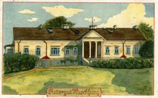 Widok dworu w Kuszlanach z okresu I wojny światowej - niemiecka kartka pocztowa ze zbiorów MB
